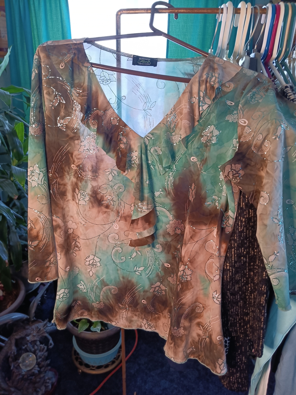 Women's V-Neck Floral Satin Blouse in Green and Brown